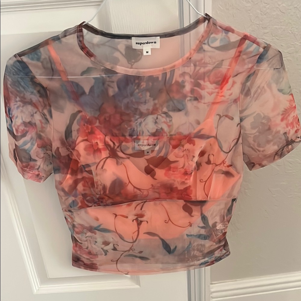 Superdown Pink Sheer Crop Blouse